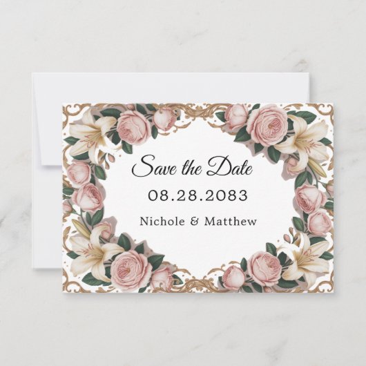 Roze pioenen rococo Lijst bruiloft Save The Date (Voorkant)