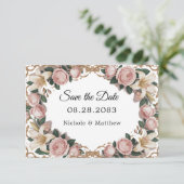 Roze pioenen rococo Lijst bruiloft Save The Date (Staand voorkant)
