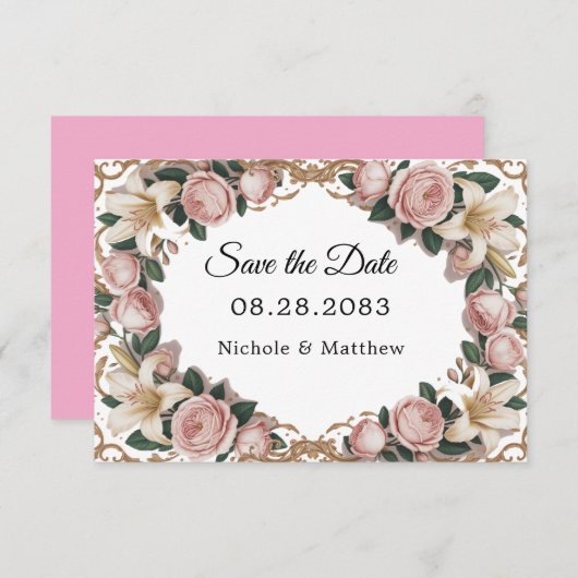 Roze pioenen rococo Lijst bruiloft Save The Date (Voorkant / Achterkant)