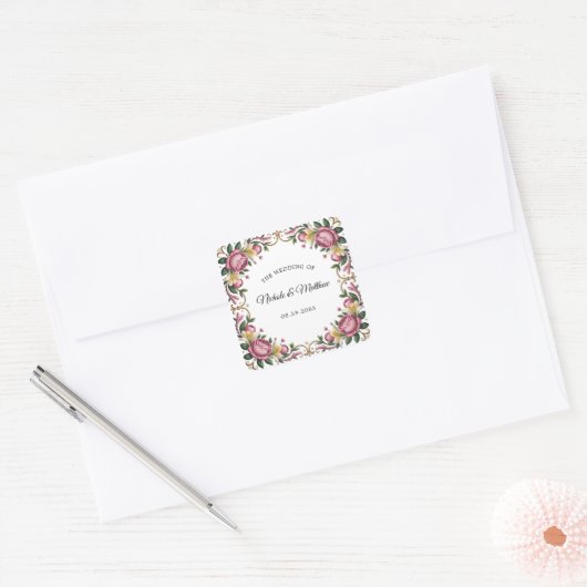 Roze pioenen rococo Lijst bruiloft Vierkante Sticker (Envelop)