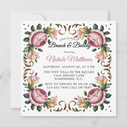 Roze pioenen rococo Lijst brunch & bubbels Kaart (Voorkant)