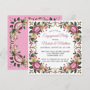 Roze Pioenen Rococo Lijst Engagement Party Kaart