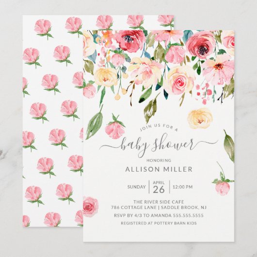 Roze Pioenen Roos Bloemen Baby shower Kaart (Voorkant / Achterkant)