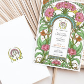 Roze pioenen & Sinaasappel Blooms Art Nouveau brui Kaart