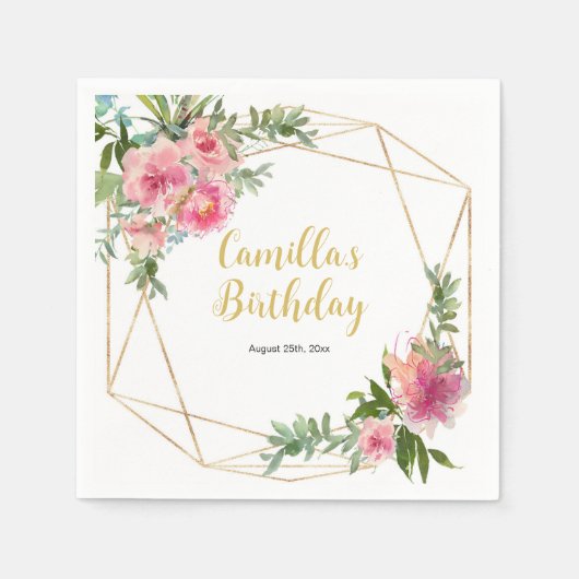 Roze Pioenen Verjaardag Servet (Voorkant)