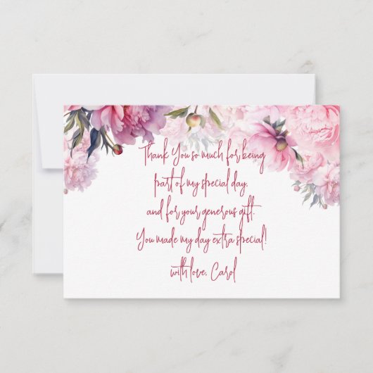 Roze pioenen verjaardagsfeestje waterverf bedankkaart (Voorkant)