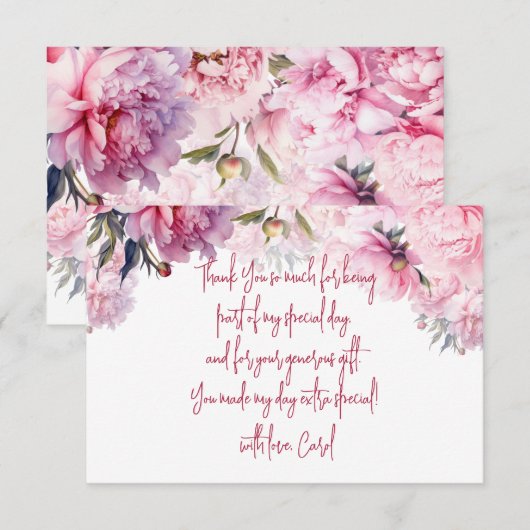 Roze pioenen verjaardagsfeestje waterverf bedankkaart (Voorkant / Achterkant)