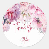 Roze pioenen verjaardagsfeestje waterverf dank je ronde sticker (Voorkant)