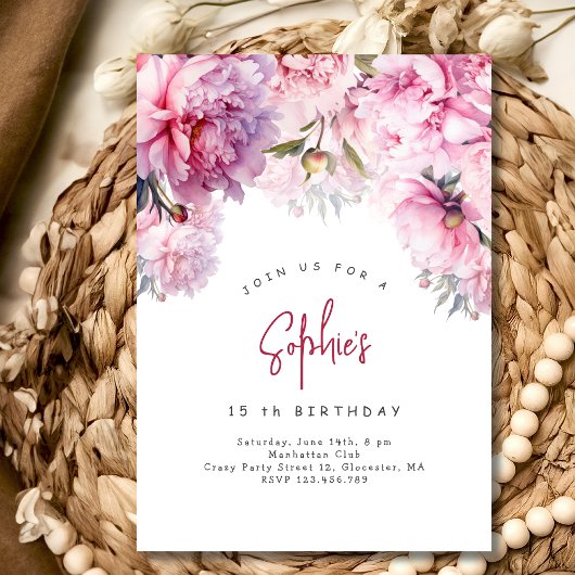 Roze pioenen verjaardagsfeestje waterverf kaart