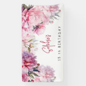 Roze pioenen verjaardagsfeestje waterverf spandoek (Verticaal)