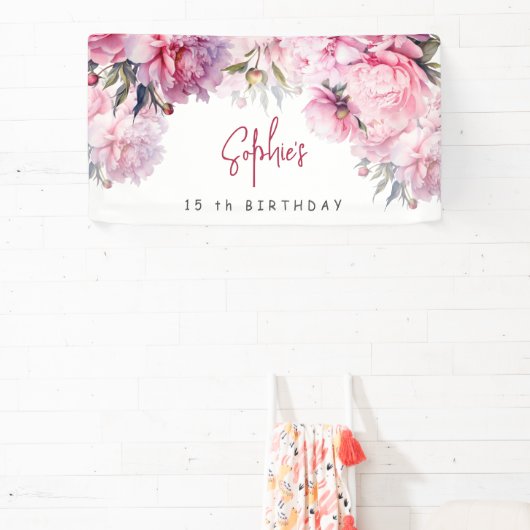 Roze pioenen verjaardagsfeestje waterverf spandoek (Insitu)