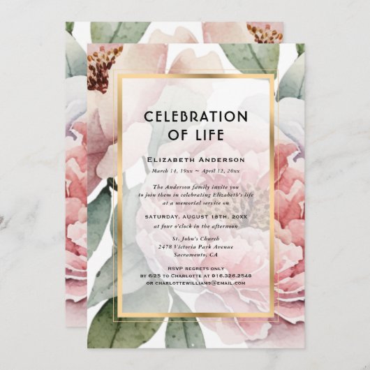 Roze Pioenen Viering van het Leven Begrafenis Kaart (Voorkant / Achterkant)