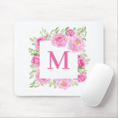  Roze Pioenen Vierkant Bloemen Lijst Monogram Muismat (Met muis)