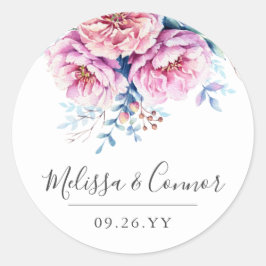 Roze Pioenen | Waterverf Bloemen | Aangepaste teks Ronde Sticker