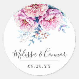 Roze Pioenen   Waterverf Bloemen   Aangepaste teks Ronde Sticker
