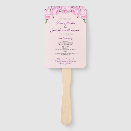 Roze Pioenen Waterverf | Bruiloft Handwaaier (Voorkant)