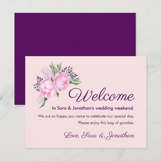 Roze Pioenen Waterverf | Bruiloft Welkom Briefkaart (Voorkant / Achterkant)