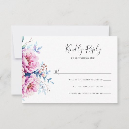 Roze pioenen | Waterverf Floral RSVP-kaart RSVP Kaartje (Voorkant)