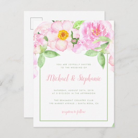 Roze pioenen Waterverf Floral Spring Wedding Uitnodiging Briefkaart (Voorkant / Achterkant)