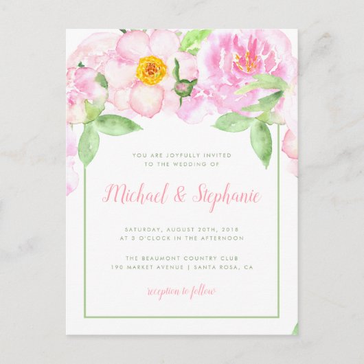 Roze pioenen Waterverf Floral Spring Wedding Uitnodiging Briefkaart (Voorkant)