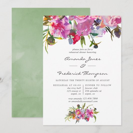  roze pioenen Waterverf repetitie diner Kaart (Voorkant / Achterkant)