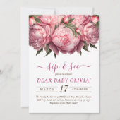 Roze Pioenen Waterverf Sip and See Invitation Kaart (Voorkant)