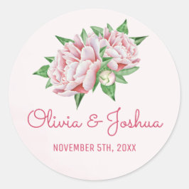 Roze Pioenen Waterverf Trouwstickers Ronde Sticker