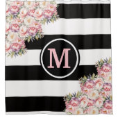 Roze pioenen zwart en wit gestreept monogram douchegordijn (Voorkant)