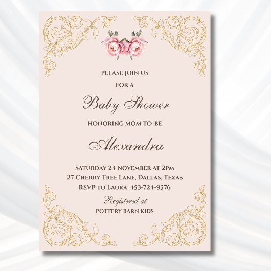 Roze Pioenrococo Flowers Baby shower Kaart