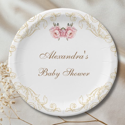 Roze Pioenrococo  Flowers Baby shower Papieren Bordje