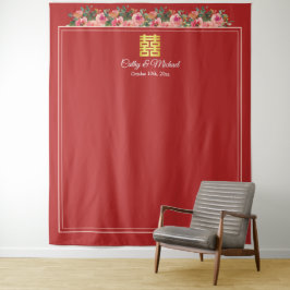 Roze pioenrode moderne Chinese trouw achtergrond Wandkleed