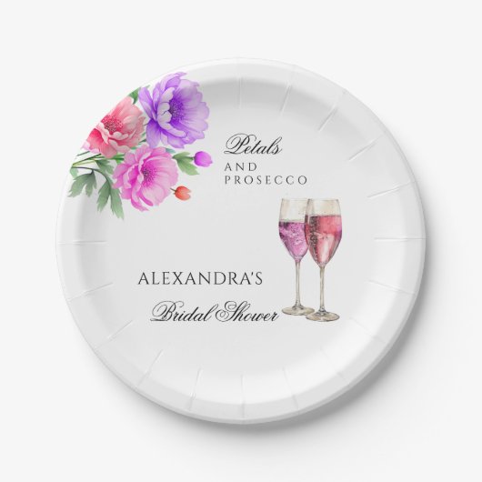 Roze Pioenroodblaadjes en Prosecco Vrijgezellenfee Papieren Bordje (Voorkant)