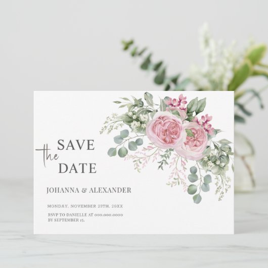 Roze Pioenroodblaadjes Unieke bruiloft Save The Date (Staand voorkant)