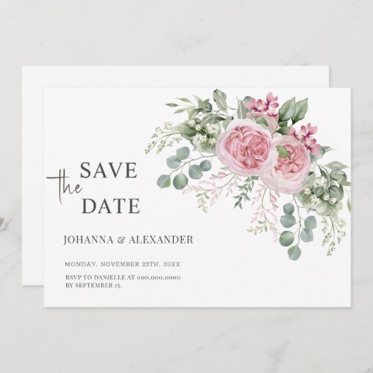 Roze Pioenroodblaadjes Unieke bruiloft Save The Date (Voorkant / Achterkant)