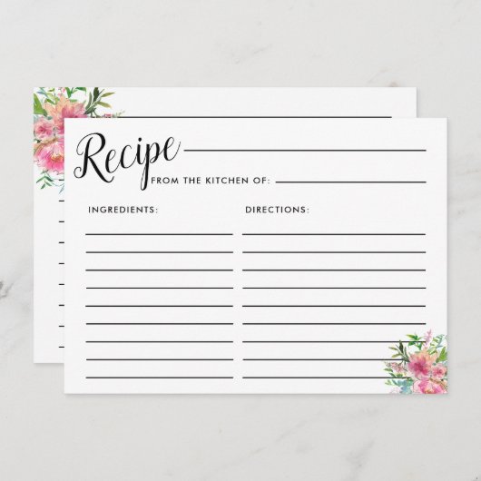Roze pioenroos Bloemen Bruids Recept Kaart (Voorkant / Achterkant)
