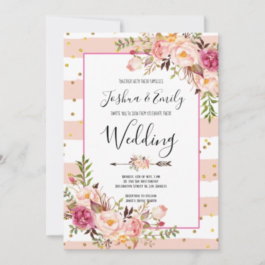 Roze pioenroos Bloemen Gouden bruiloft uitnodiging (Voorkant)