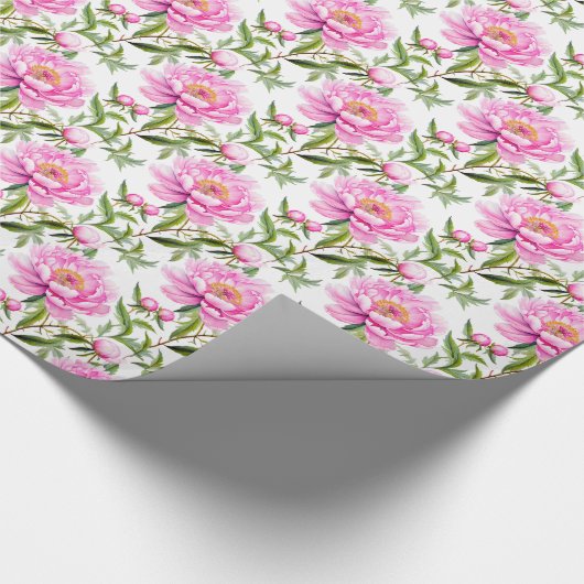 Roze pioenroos bloemen met salie groene bladeren cadeaupapier (Hoek)