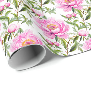 Roze pioenroos bloemen met salie groene bladeren cadeaupapier