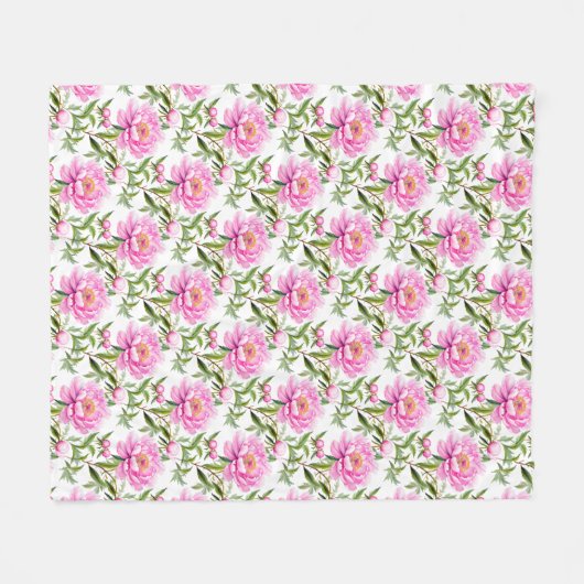 Roze pioenroos bloemen met salie groene bladeren fleece deken (Voorkant (Horizontaal))