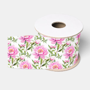 Roze pioenroos bloemen met salie groene bladeren grosgrain lint