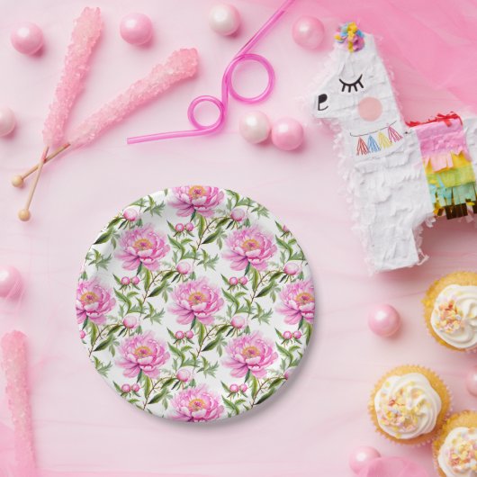 Roze pioenroos bloemen met salie groene bladeren papieren bordje (Feest)