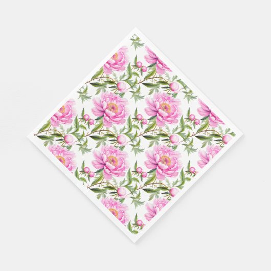 Roze pioenroos bloemen met salie groene bladeren servet (Hoek)