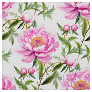 Roze pioenroos bloemen met salie groene bladeren stof