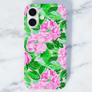 Roze pioenroos bloemen patroon iPhone 16 hoesje