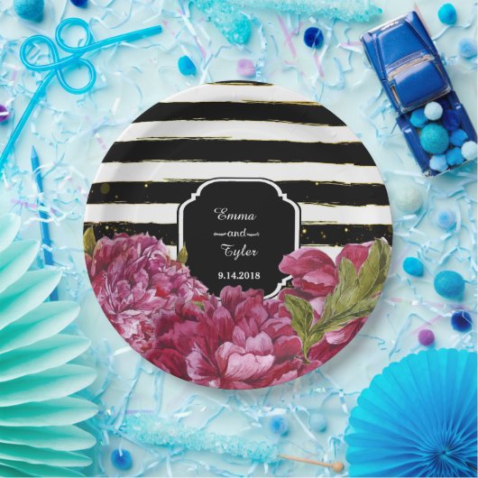 Roze pioenroos Bloemen Zwart Wit Stripe Papier Bor Papieren Bordje (Feest)