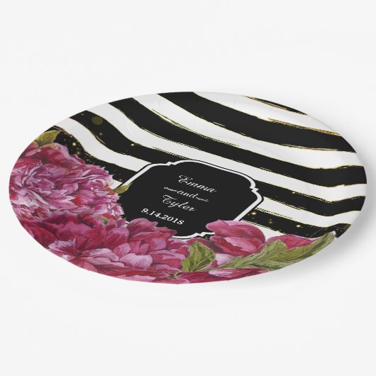 Roze pioenroos Bloemen Zwart Wit Stripe Papier Bor Papieren Bordje (Gekanteld)