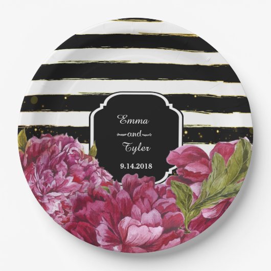 Roze pioenroos Bloemen Zwart Wit Stripe Papier Bor Papieren Bordje (Voorkant)