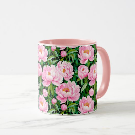 Roze pioenroos bloesems op een bladerige achtergro mok (Voorkant rechts)