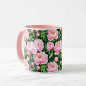 Roze pioenroos bloesems op een bladerige achtergro mok (Voorkant links)