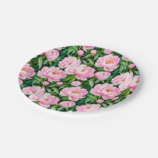 Roze pioenroos bloesems op een bladerige achtergro papieren bordje (Gekanteld)